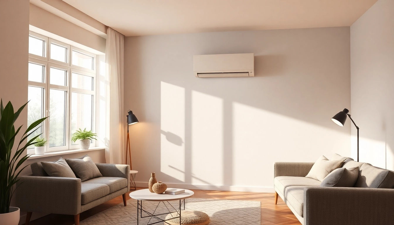 Generiere einen eleganten Raum mit einer Split-Klimaanlage, die die Klima kosten optimiert.
