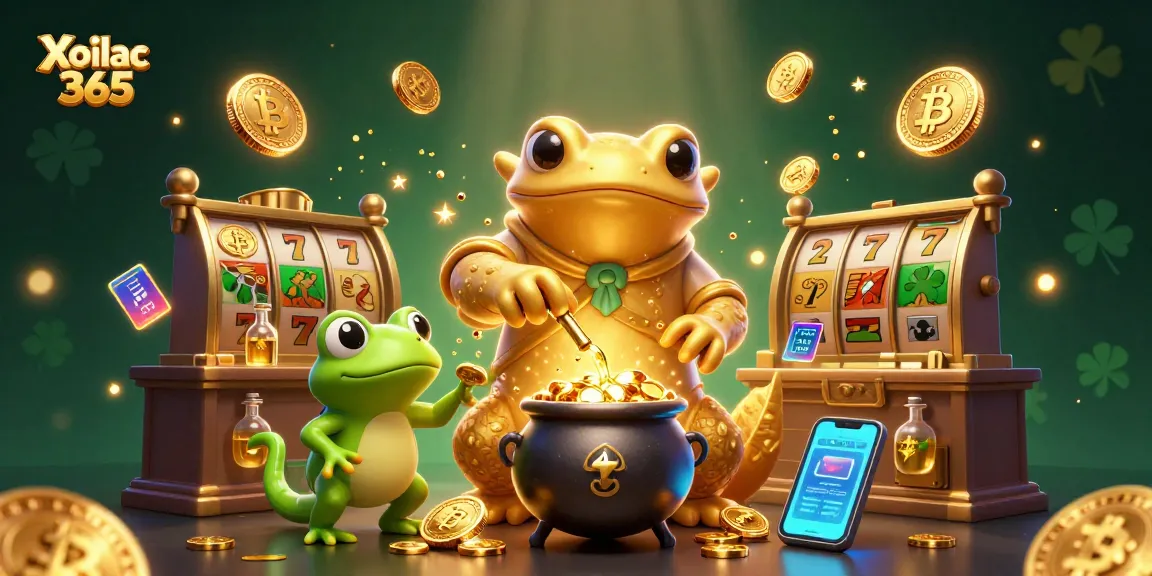 Xoilac 365 offers thrilling slots action with golden coins and animated characters in a vibrant casino scene.