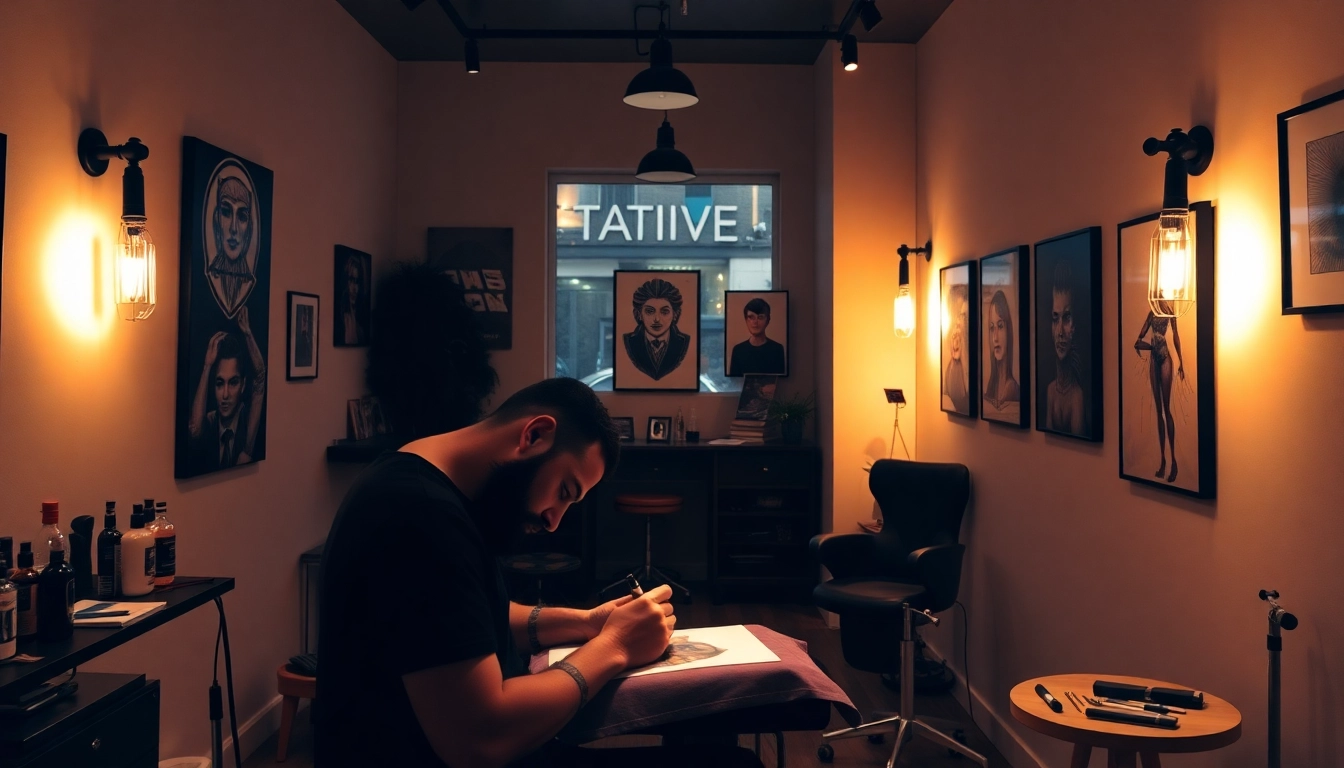 Professionelle Tattoo-Kunst im Tattoo Studio München; ein Künstler kreiert ein detailreiches Design in einem modernen Atelier.