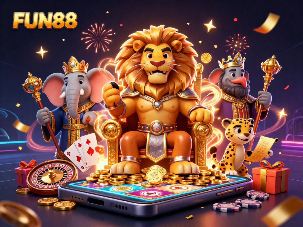 Win big with FUN88, showcasing a vibrant casino scene featuring animated characters and gaming elements.