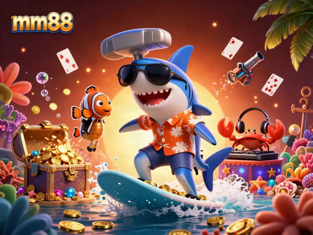 Experience the thrill of mm88 with dynamic casino-themed characters surfing on gold coins.