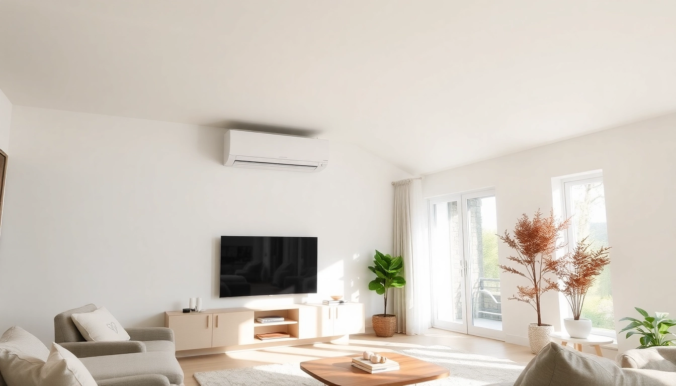Kosten einer Klimaanlage: Installation eines schicken Split-Klimagerätes im Wohnzimmer mit modernem Design.