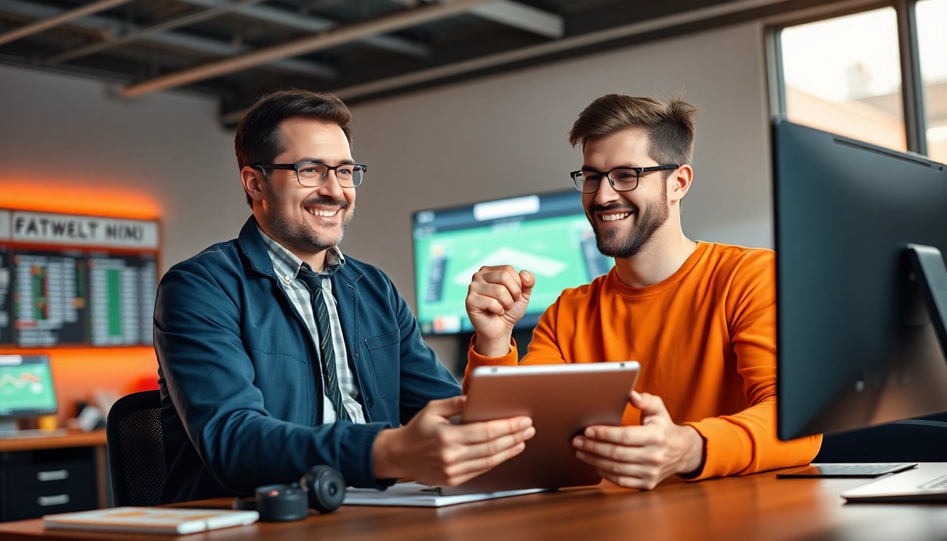 Entdecken Sie die besten Sportwetten ohne lugas mit freundlichem Buchmacher und begeistertem Kunden an einem Laptop.