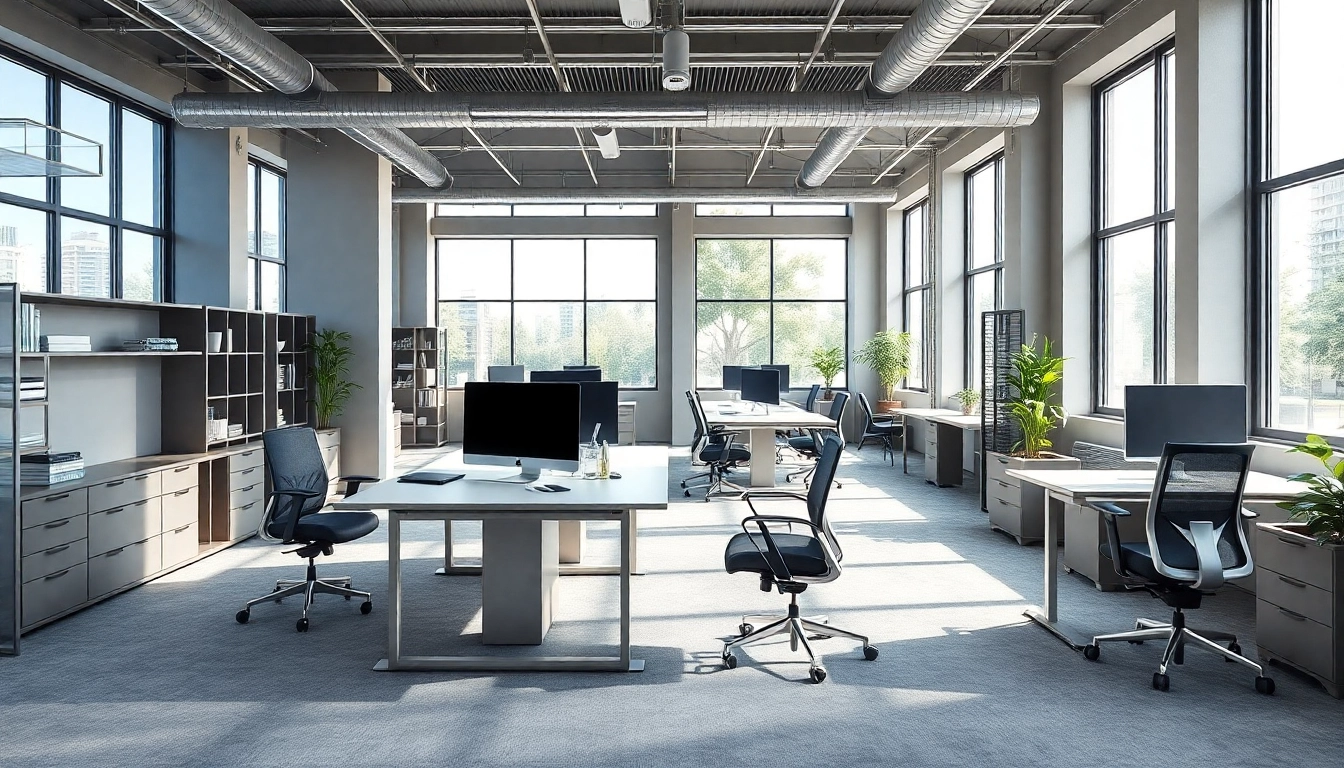 Stilvolle Büromöbel in einem modernen Büro mit ergonomischen Schreibtischen und bequemen Stühlen.