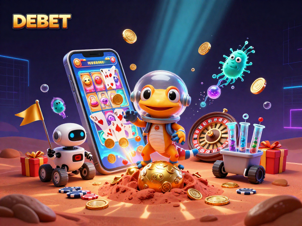 Win big with DEBET in a vibrant 3D casino scene filled with exciting slots and rewards.