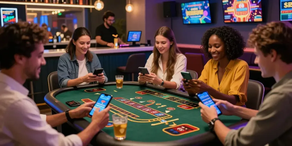 Mobile-First Casinos: Freunde genießen spannende Casino-Spiele in einer stilvollen Lounge mit modernen Geräten.