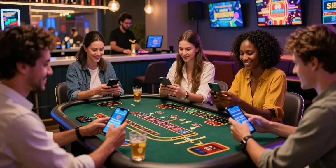 Mobile-First Casinos: Freunde genießen spannende Casino-Spiele in einer stilvollen Lounge mit modernen Geräten.