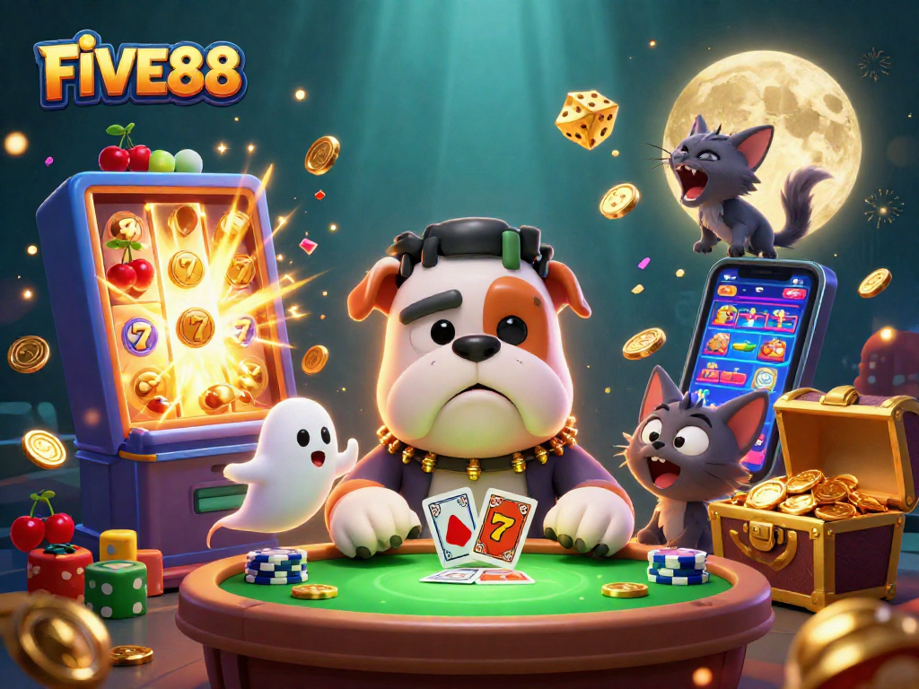 Experience the thrill at FIVE88 with a playful casino scene featuring a Frankenstein bulldog and spooky elements.