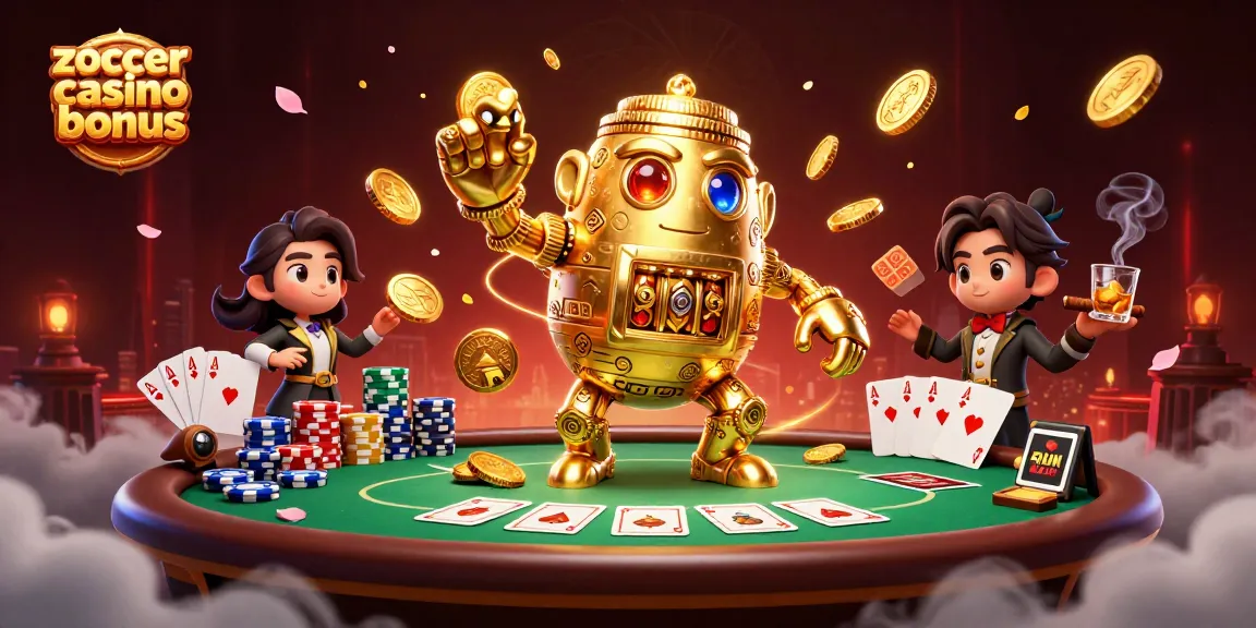 Zoccer Casino Bonus Genie mit Gewinnchips und Karten auf dem Tisch, aufregende Casino-Action erleben.