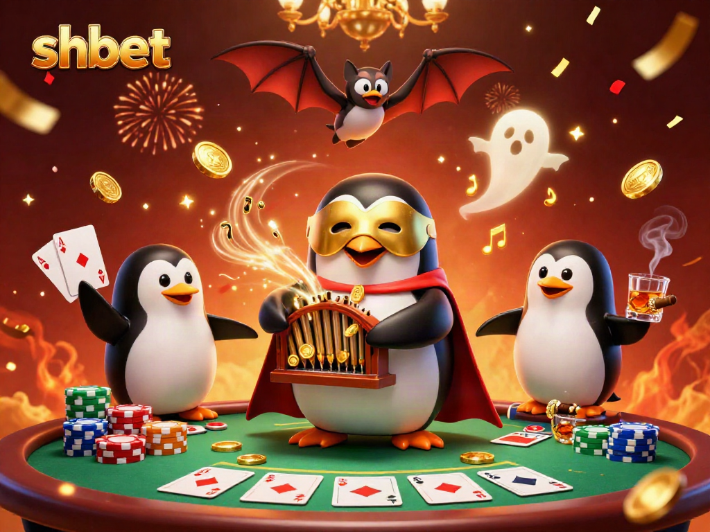 Experience the thrill of shbet with a dynamic 3D illustration of a penguin playing games, showcasing vibrant casino elements.