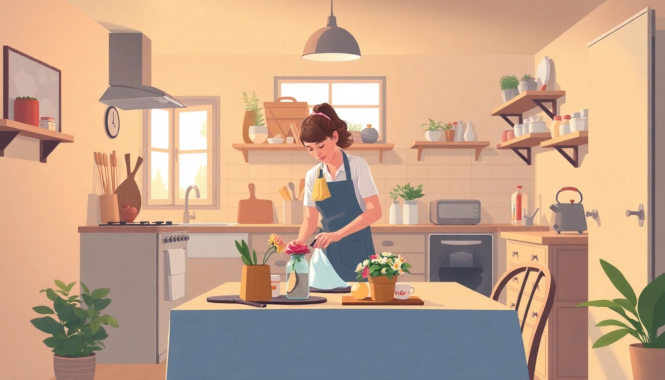Hauswirtschaft stelle hameln: Friendly Hauswirtschaftskraft organizing a bright kitchen space, showcasing a welcoming atmosphere.