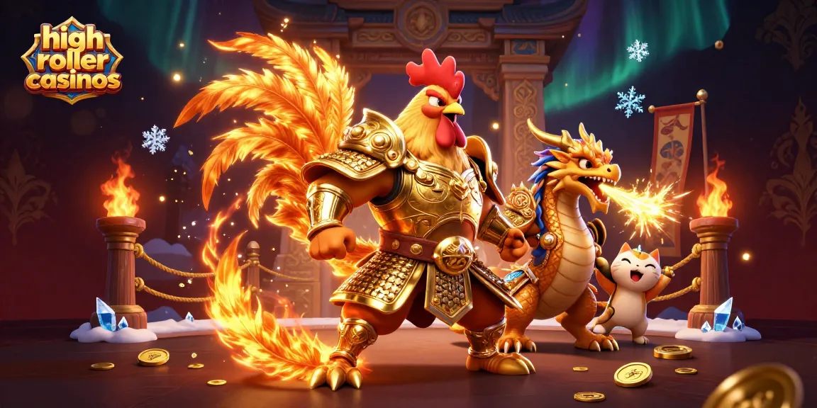 Engage in high roller casinos with an energetic battle scene featuring a warrior, dragon hatchling, and fortune cat.