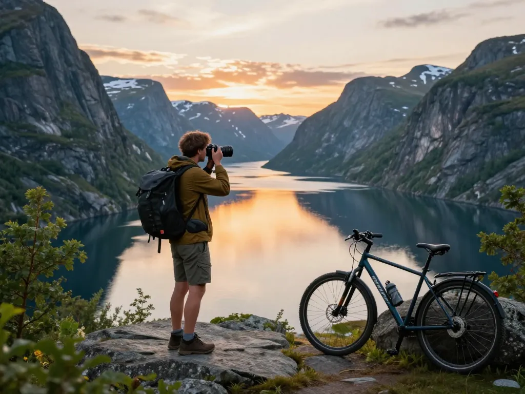 Szenenblick eines Reisenden, der die Fjorde in Norwegen festhält, und dabei Skandinavien Reisetipps und Outdoor-Abenteuer zeigt.