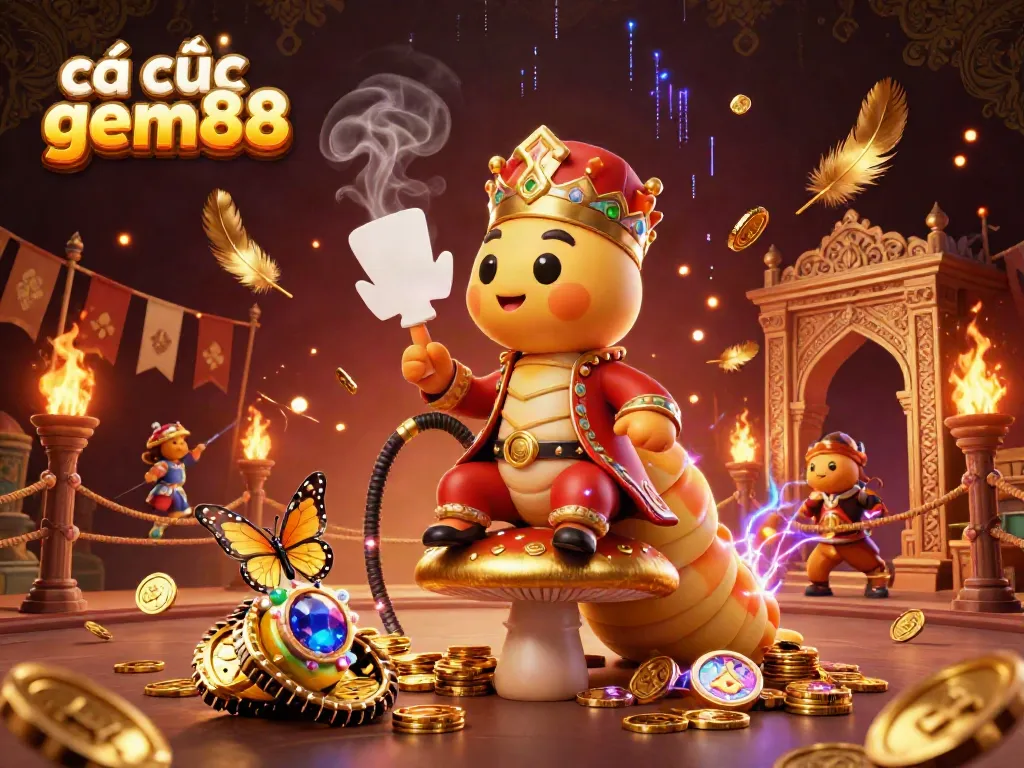 Experience cá cược gem88 in a mesmerizing 3D illustration showcasing a Turkish sultan caterpillar blowing smoke rings, surrounded by dynamic casino elements.