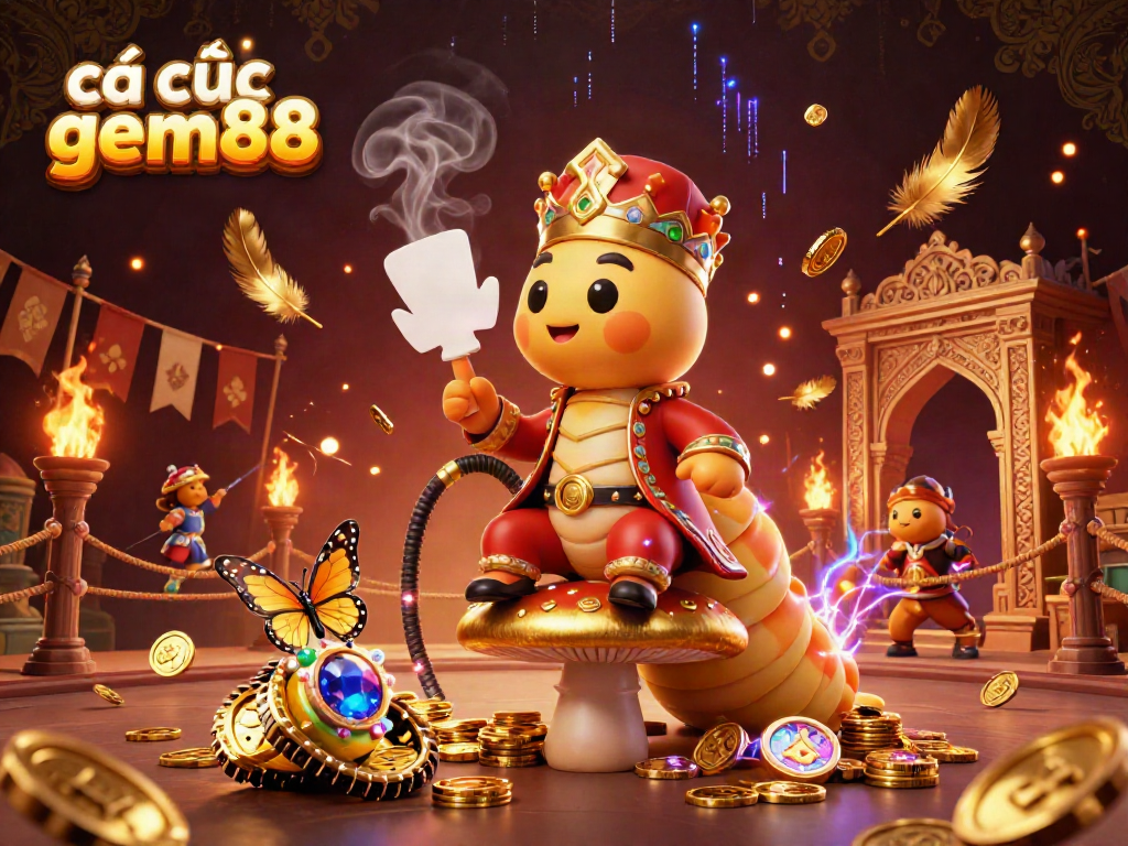 Experience cá cược gem88 in a mesmerizing 3D illustration showcasing a Turkish sultan caterpillar blowing smoke rings, surrounded by dynamic casino elements.
