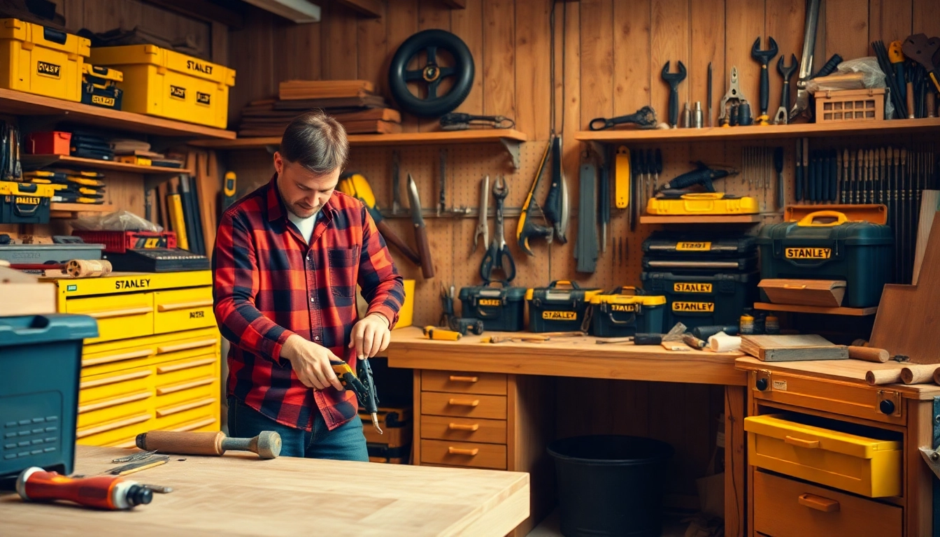 Holzwerker nutzt Stanley Werkzeuge für präzise Arbeiten am Arbeitsplatz.