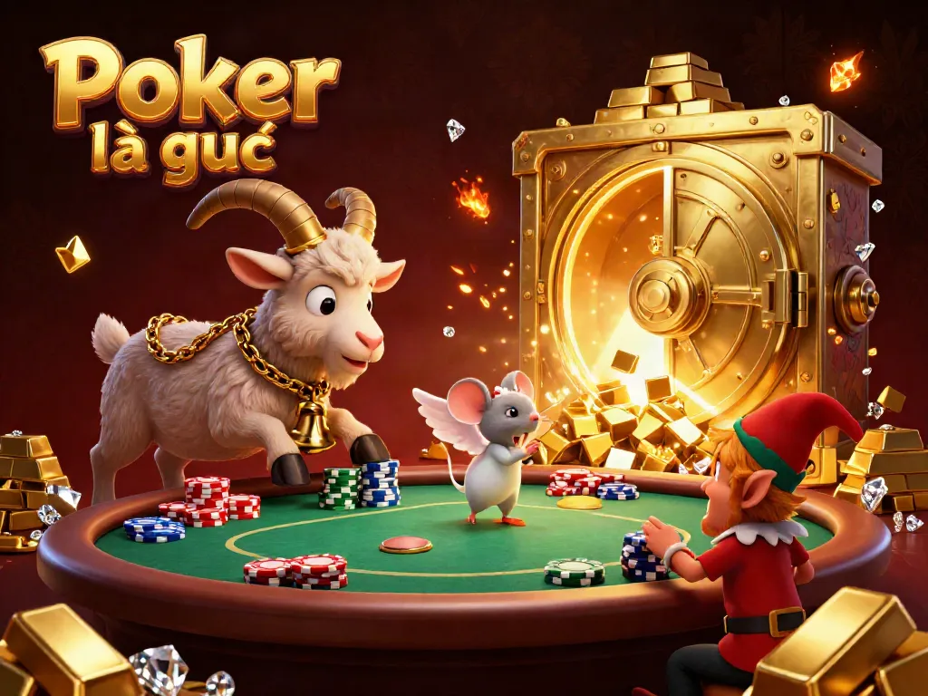 Experience Poker là gì with playful characters in a vibrant, dynamic casino scene full of gold and excitement.