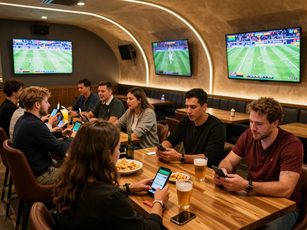 79King sports betting experience with friends watching games and placing mobile bets in stylish bar ambience.