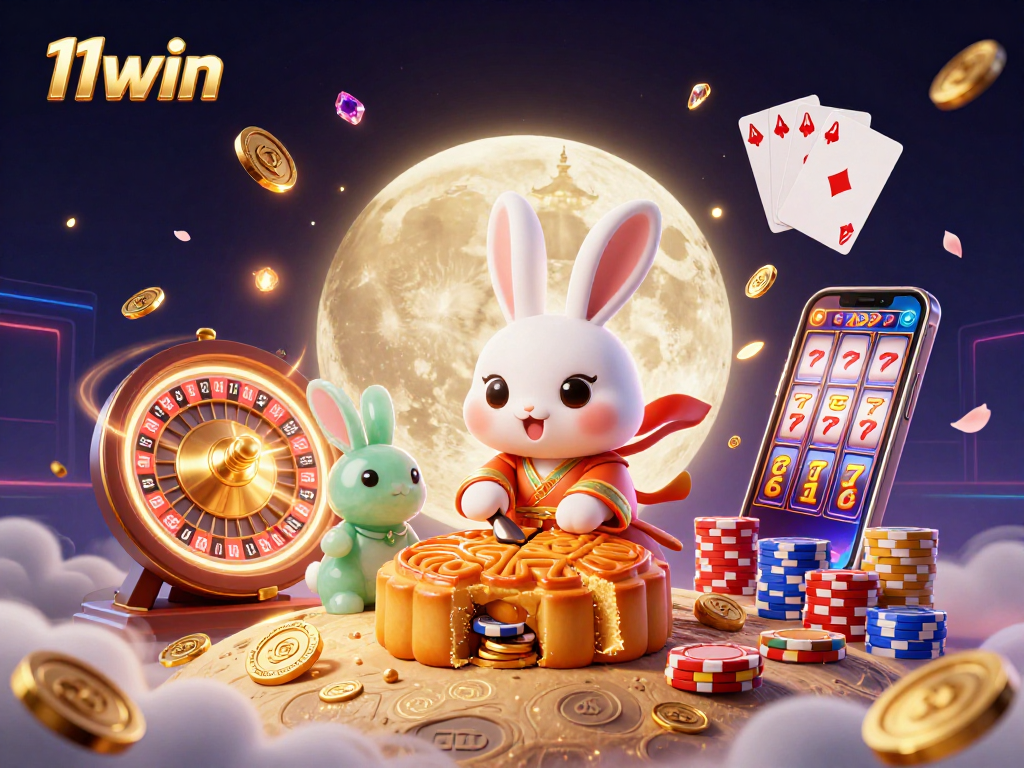 Win big with 11win in a vibrant casino scene featuring lucky charm symbols and exciting gaming elements.