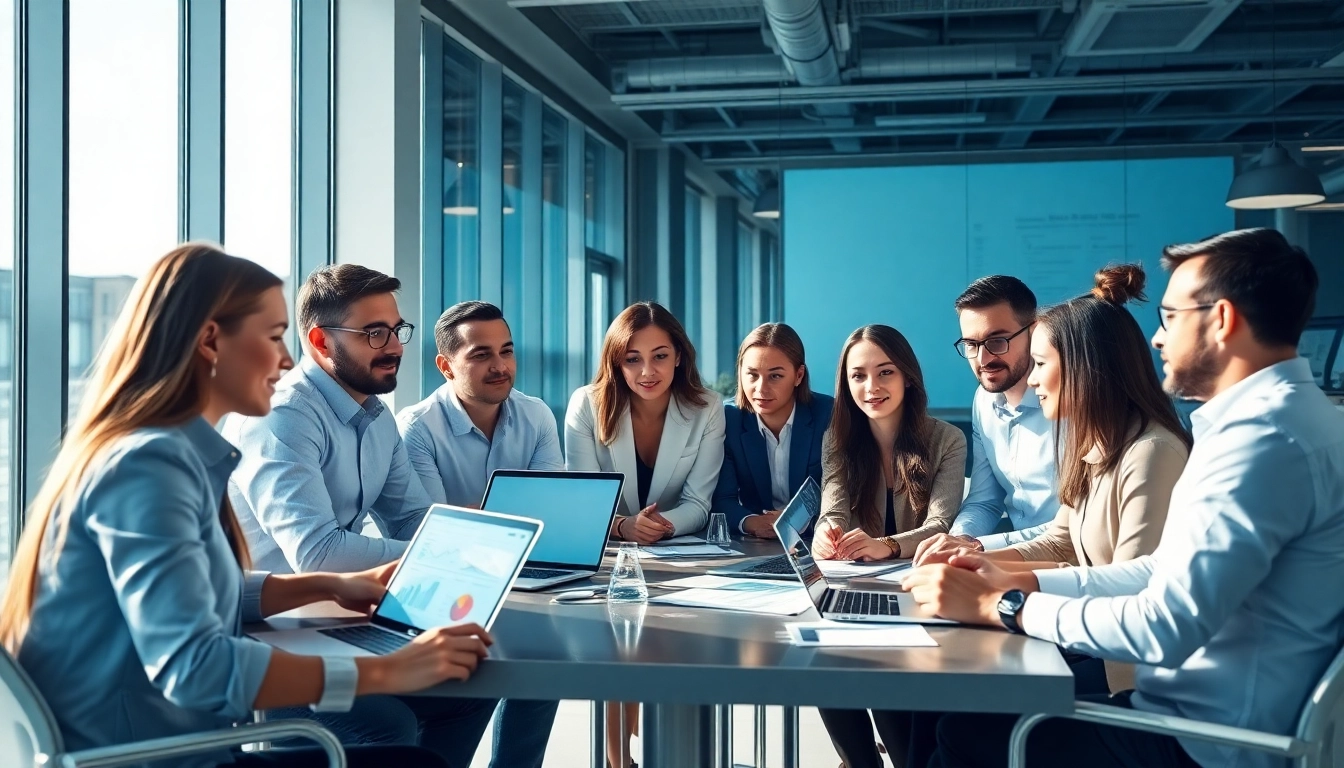 IT Consulting team collaborating in a modern office environment with digital devices and dynamic interaction.
