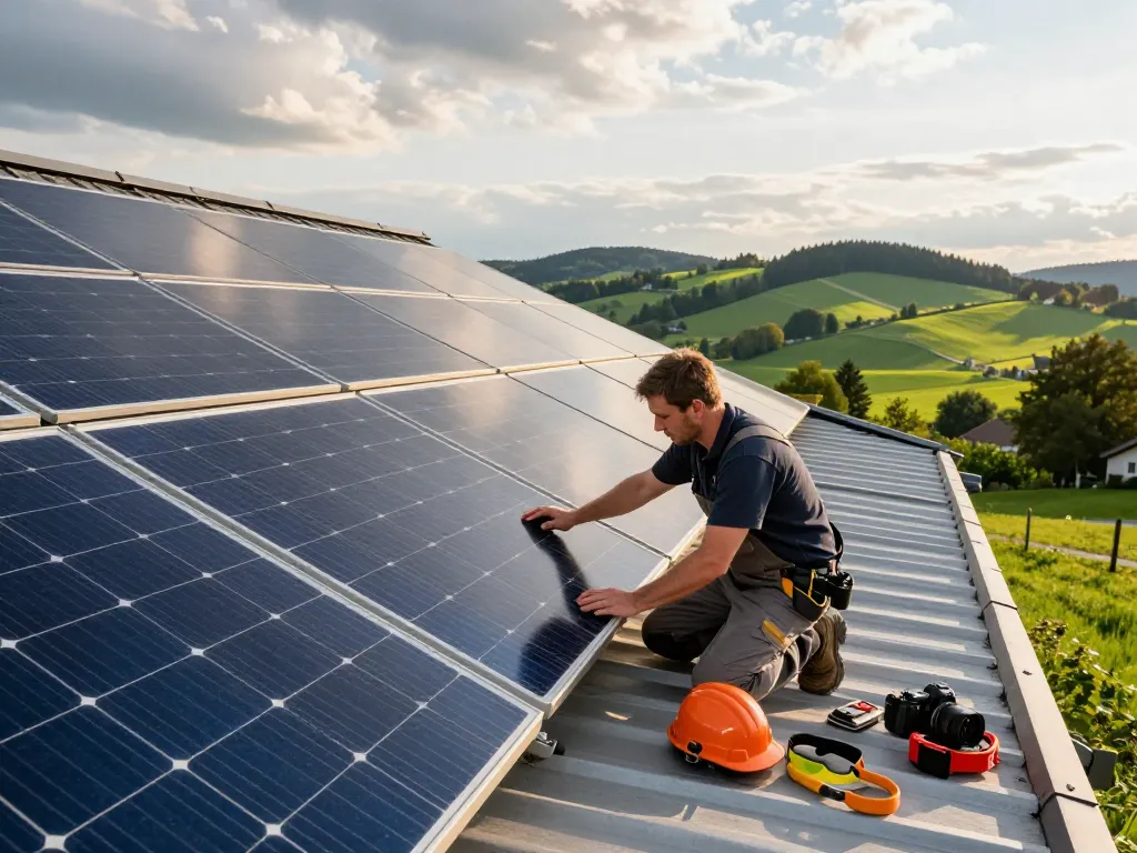 Techniker überprüft photovoltaische Systeme und hebt Photovoltaik Bayern für Solarenergielösungen hervor.