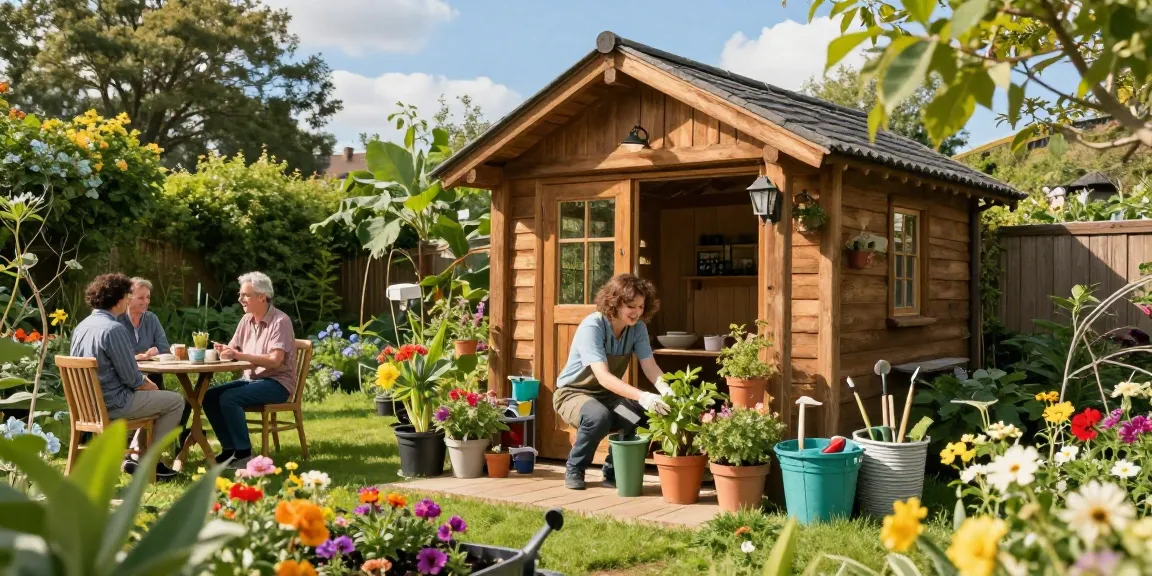 Schönes Gartenhaus in einem blühenden Garten mit fröhlicher Person, die Pflanzen arrangiert - Gartenhäuser von McGarden24