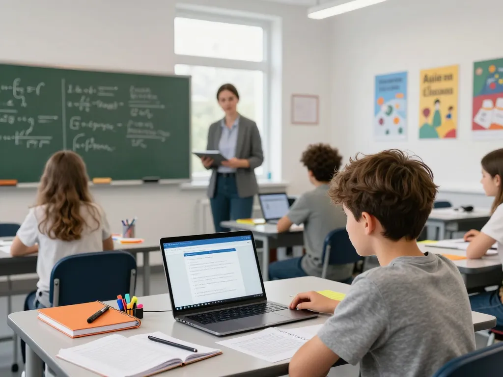 Interessante Klassenzimmerszene mit Schülern, die Hausaufgaben KI kostenlos zur Unterstützung bei den Hausaufgaben in einer hellen Lernumgebung nutzen.