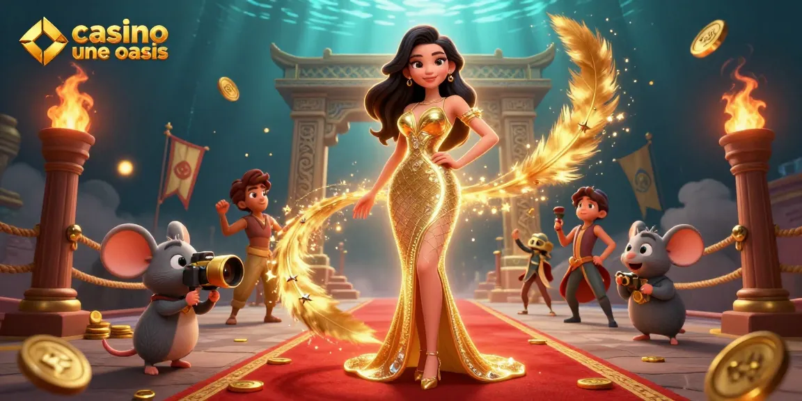 Casino ohne oasis illustration showing a glamorous woman and a paparazzi mouse amid gold coins and vibrant energy.