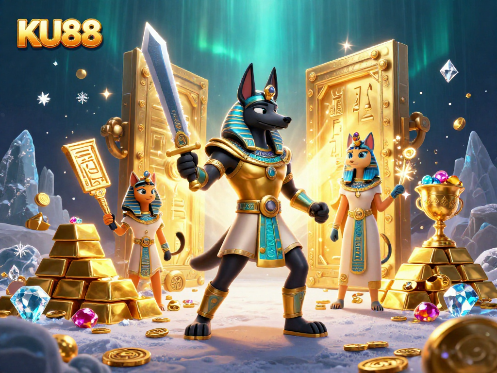 Engage in thrilling games at KU88 with a captivating 3D illustration of Anubis and Bastet amidst golden treasures.
