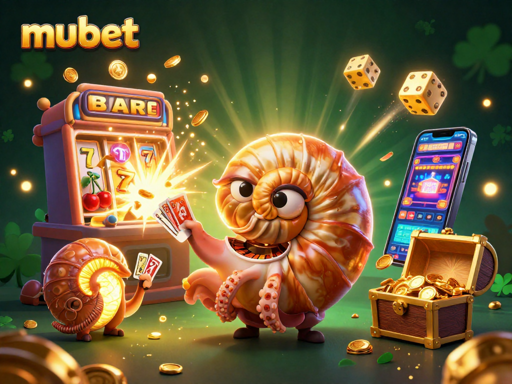 Engage with mubet's thrilling casino experience showcasing a giant nautilus roulette wheel amidst dazzling game elements.