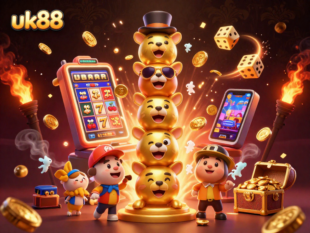 Experience the excitement of uk88 with vibrant casino gaming, including a jackpot slot machine and a totem pole.