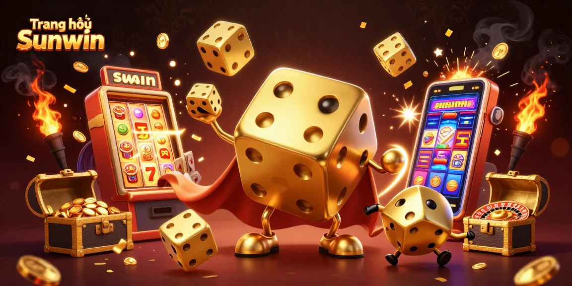Engage with Trang chủ Sunwin's vibrant casino experience through a dynamic illustration featuring golden dice and slot machines.