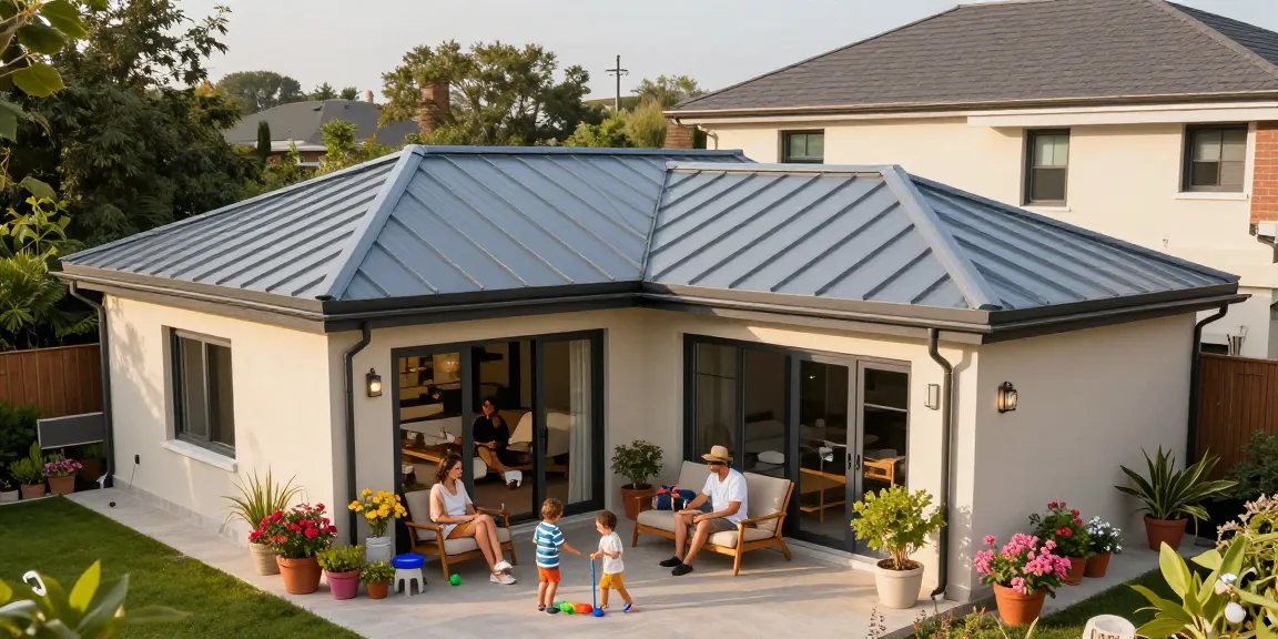 Familie genießt Terrassenüberdachungen im Garten mit sonnigem Ambiente.