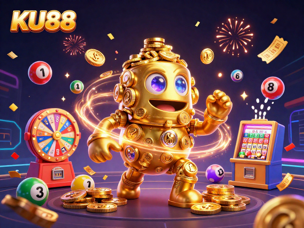Engage with the exciting world of KU88 as golden golem spins lottery themes in a vibrant casino atmosphere.