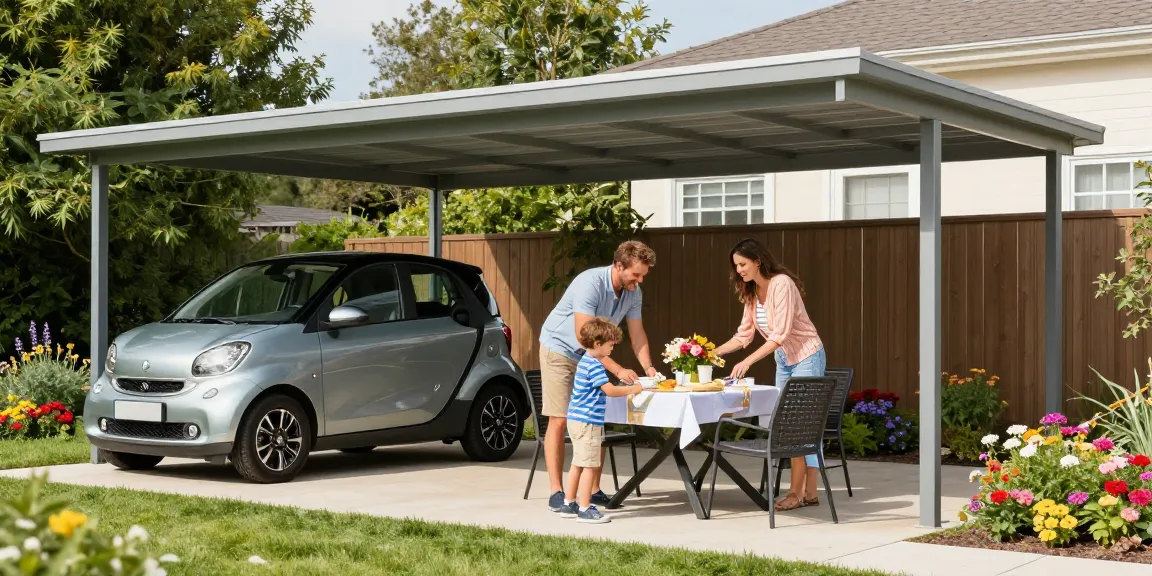 Moderne Carport-Szene einer Familie mit Tischdekoration im Garten.