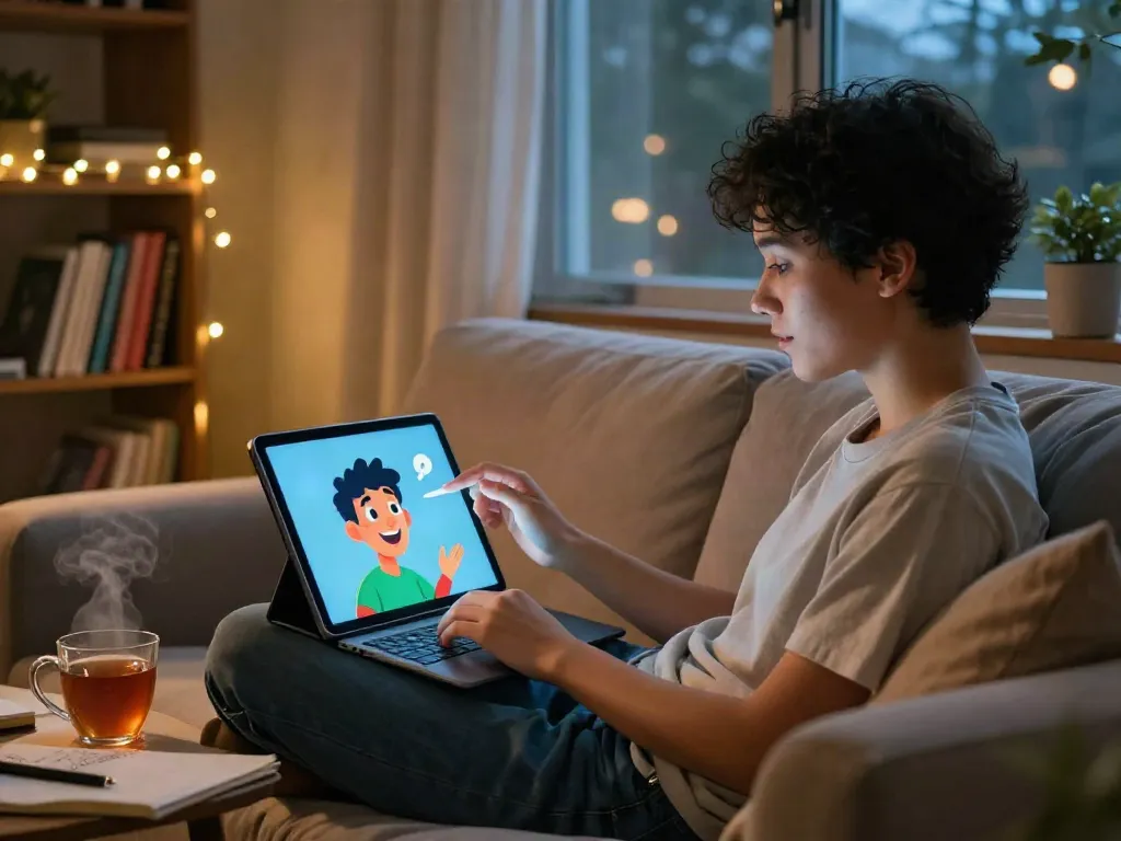Experience engaging AI chat porn interactions with a vivid character on a cozy sofa, warm ambiance.