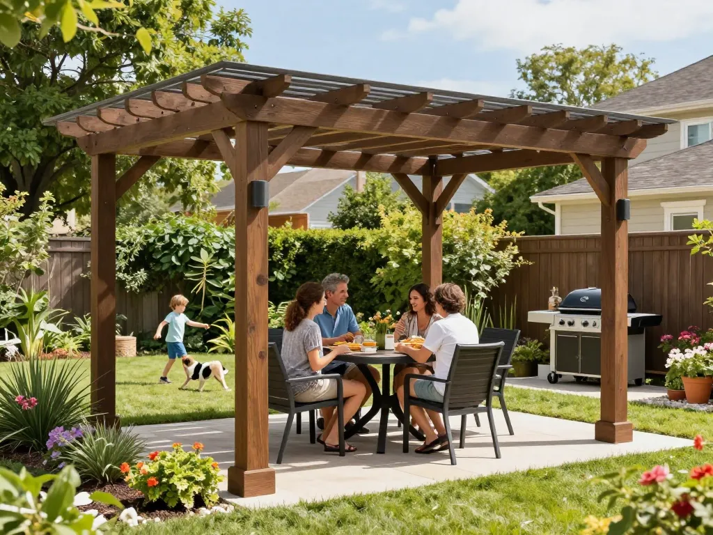 Atemberaubender Pergola-Konfigurator, der eine maßgeschneiderte Pergola in einem lebhaften Garten zeigt, perfekt für Familientreffen.