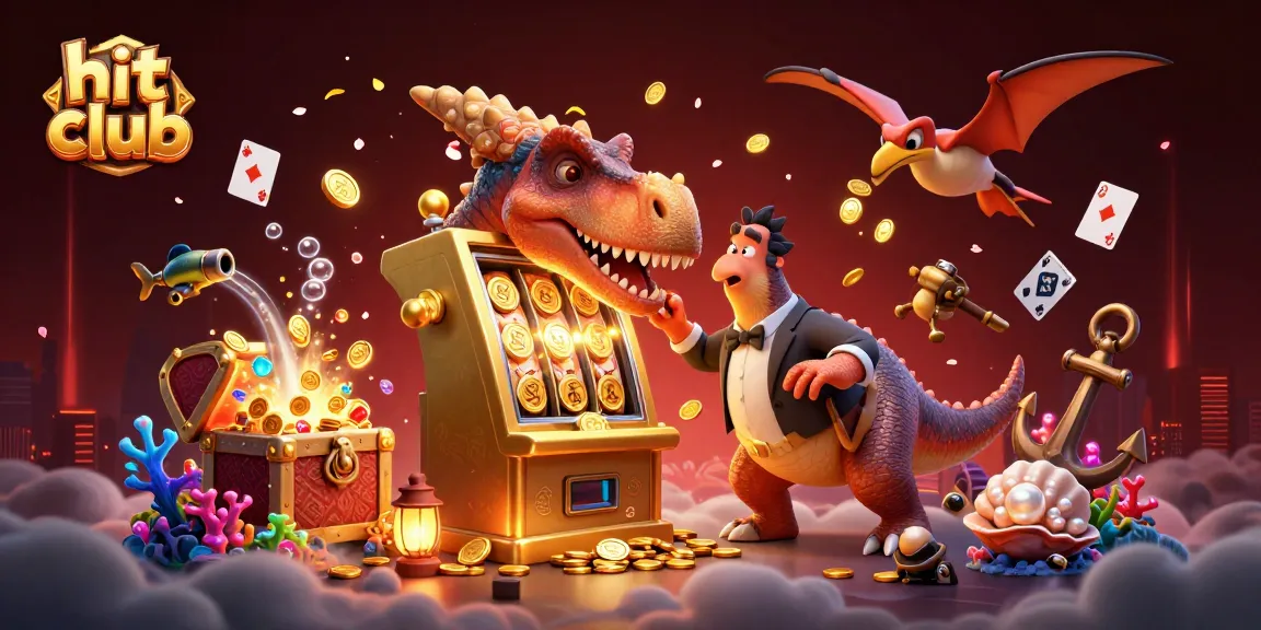 Hit club scene with a pachycephalosaurus celebrating a jackpot at a casino, surrounded by flying coins and vibrant elements.