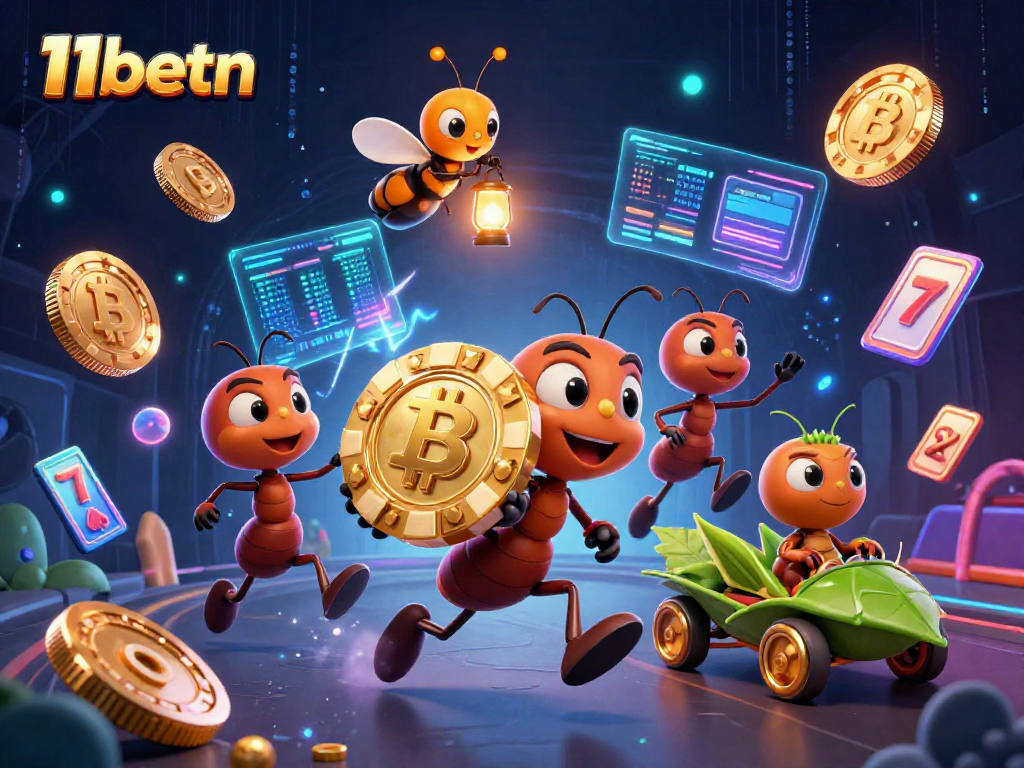 11betn showcases ants heisting a giant poker chip amidst vibrant slot elements.