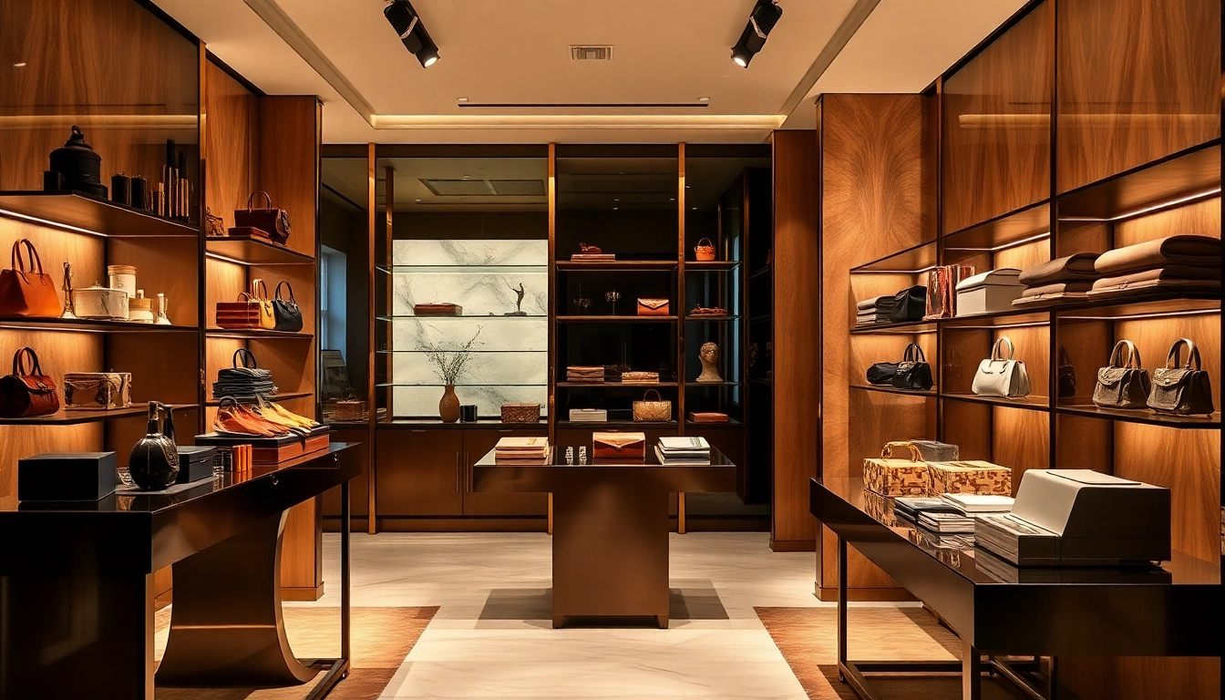 Luxury goods arranged aesthetically in a boutique, showcasing intricate designs and textures under warm lighting.