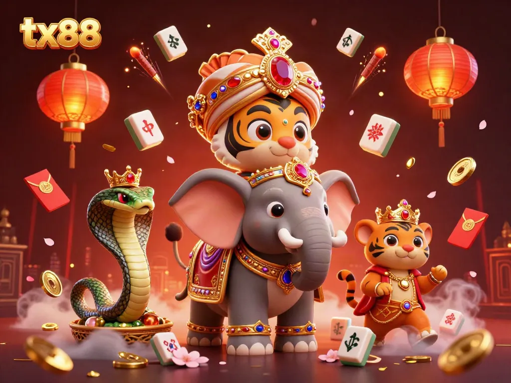 Experience thrilling action in tx88 with a vibrant, colorful casino scene featuring a cartoon maharaja and elephant.