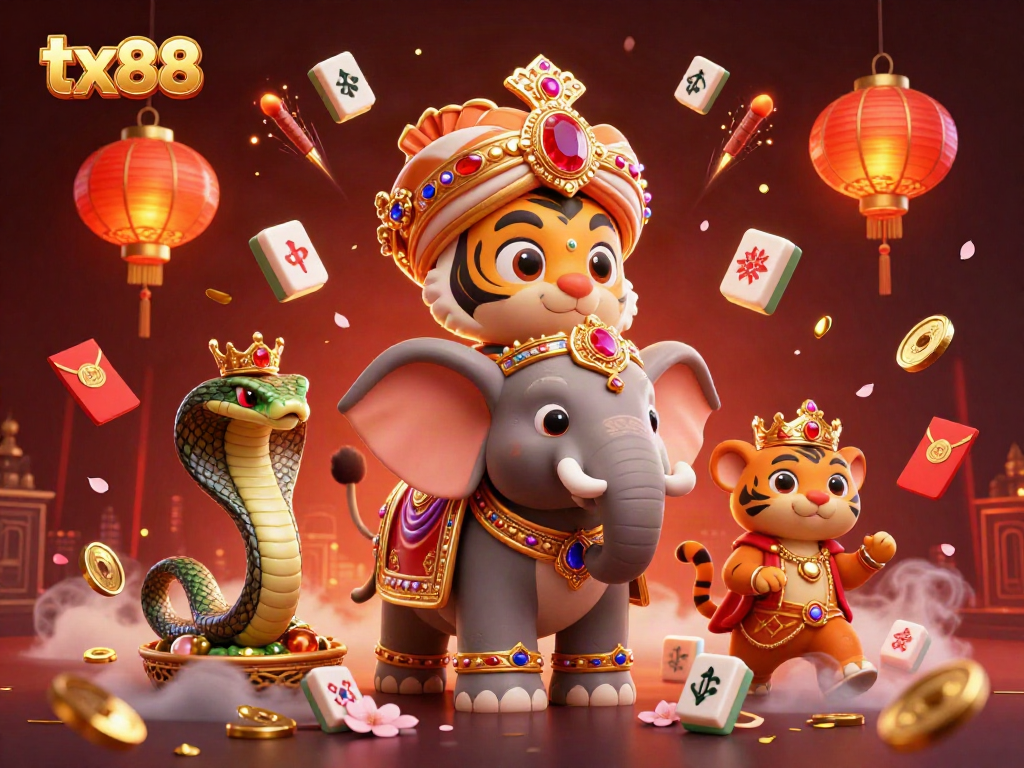 Experience thrilling action in tx88 with a vibrant, colorful casino scene featuring a cartoon maharaja and elephant.