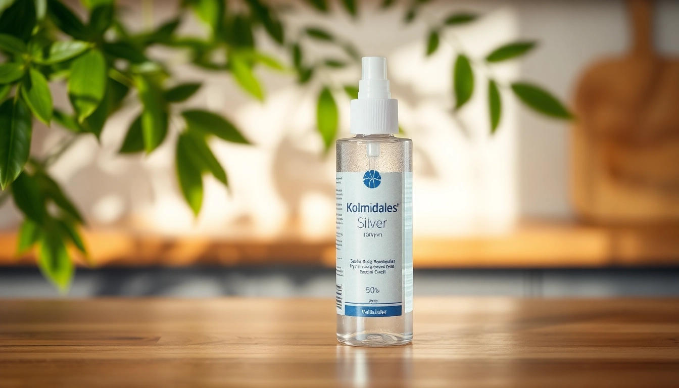 Kolloidales Silber 150 ppm sparkling in a sleek bottle surrounded by leaves.