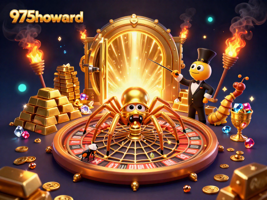Engage with 975howard's vibrant casino scene featuring a golden spider, roulette wheel, and treasure elements.