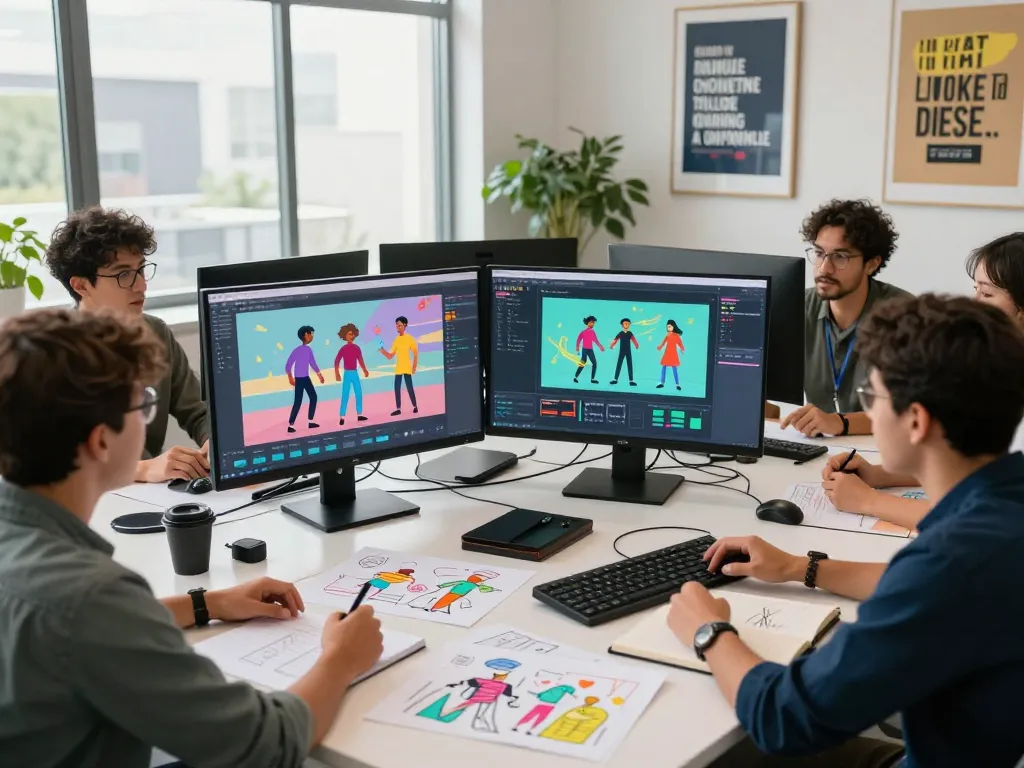 Kling 2.6 motion control displayed in a collaborative studio environment, showcasing animated character designs and vibrant graphics.