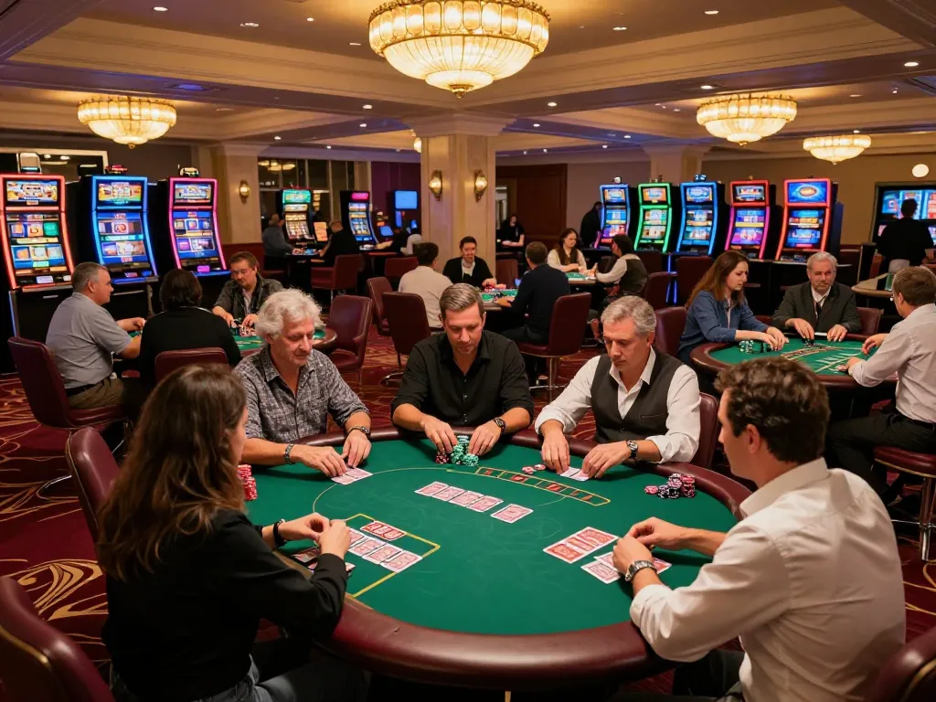 Spieler nehmen an einem Pokerspiel auf einem luxuriösen Casino-Boden teil, was die Aufregung und Strategie von Immobilienmakler Frankfurt Ginnheim hervorhebt.