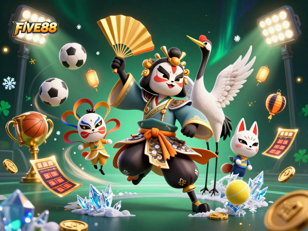 Engage with winning strategies at FIVE88, featuring a vibrant 3D casino scene with dynamic sports elements.