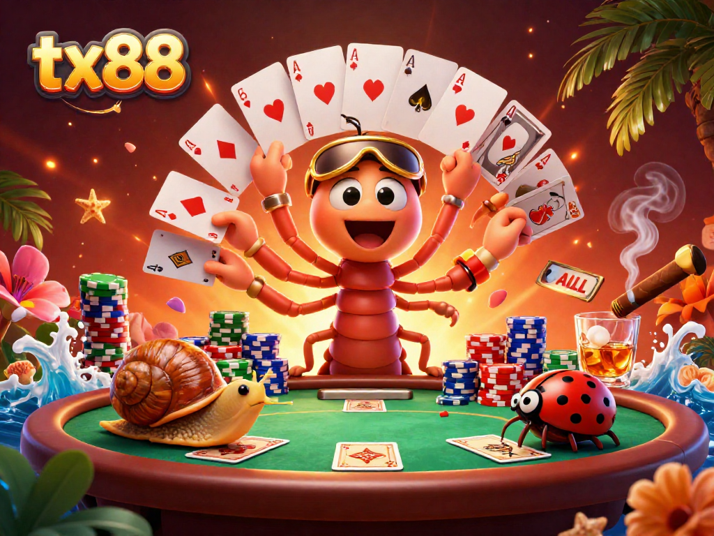 Experience thrilling poker action with tx88's vibrant 3D millipede dealer and high-roller snail.