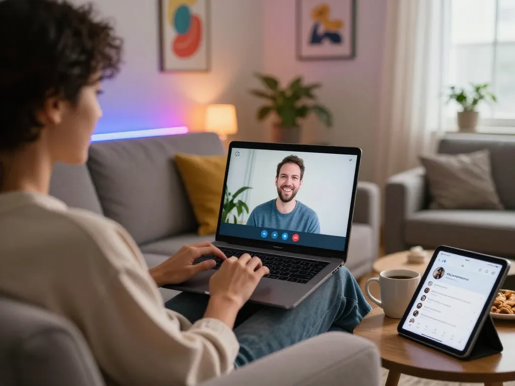Engaging sex ai chat on a laptop in a cozy home setting, emphasizing modern digital interaction.