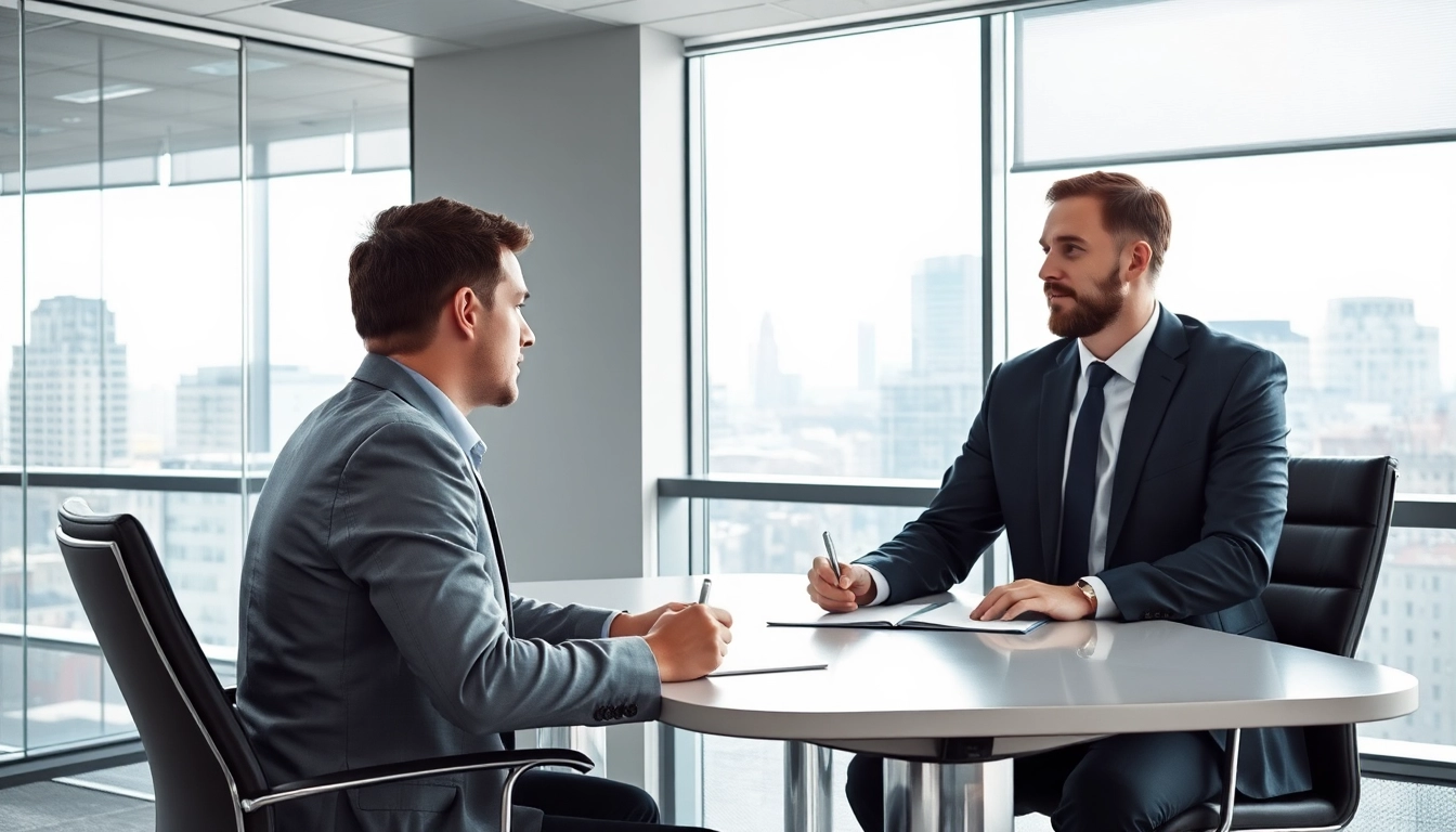 Headhunter München: Dynamisches Gespräch zwischen Headhunter und Bewerber in modernem Büro mit Blick auf die Stadt.